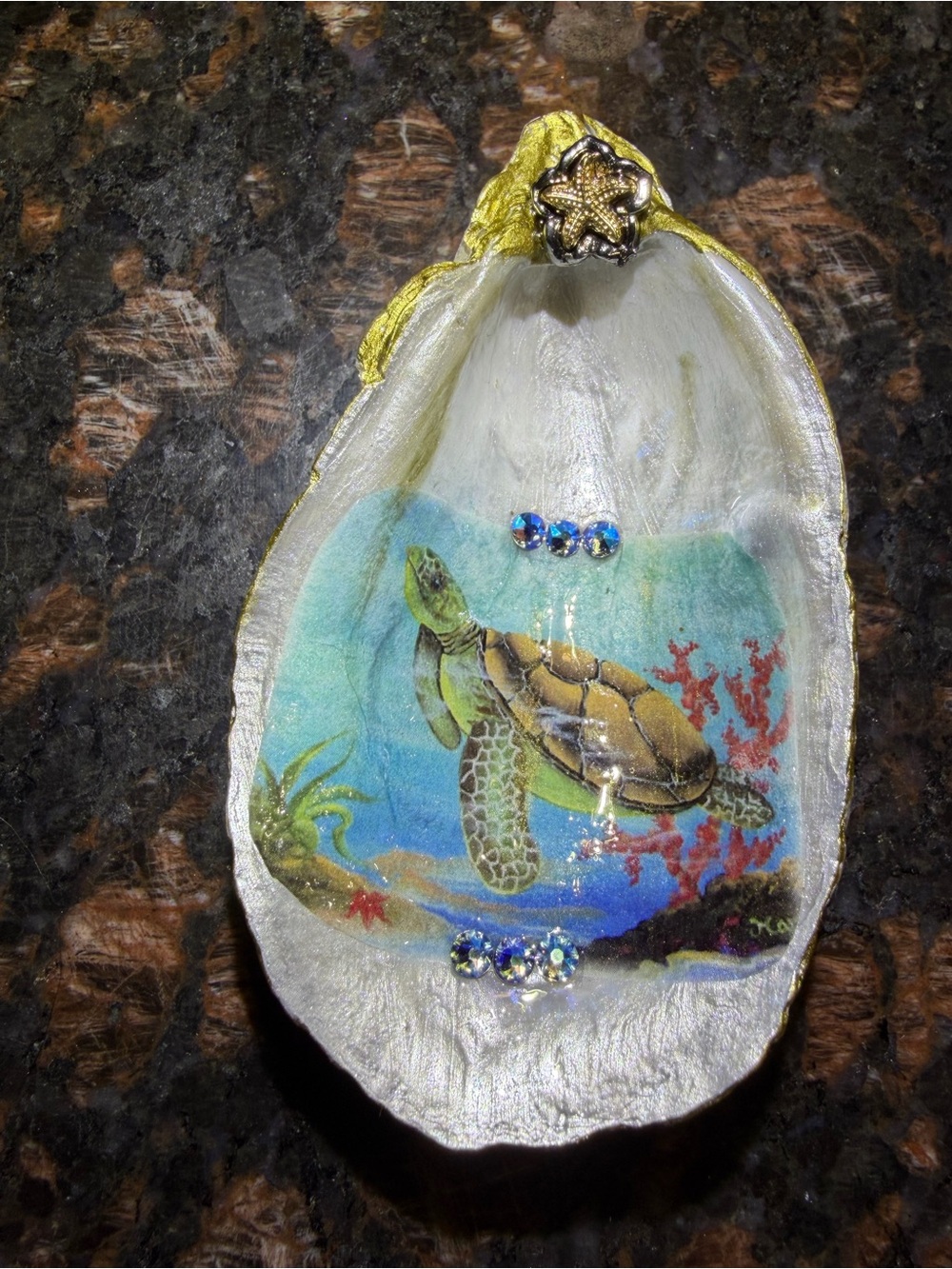 Handmade turtle decoupage oyster shell trinket dish